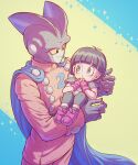  1boy 1girl :o black_hair black_pants blue_cape blunt_bangs blurry blurry_background blush boots buttons cape carrying child closed_mouth colored_sclera colored_skin commentary_request double-breasted dragon_ball dragon_ball_super dragon_ball_super_super_hero eye_contact eyelashes female_child fingerless_gloves gamma_2 gloves grey_skin hands_up highres jacket koukyouji long_sleeves looking_at_another pan_(dragon_ball) pants parted_lips princess_carry purple_eyes purple_footwear purple_gloves shirt short_hair short_sleeves simple_background sleeve_cuffs smile sparkle standing t-shirt two-tone_background white_background yellow_jacket yellow_pants yellow_sclera 
