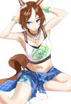  #summer_#besties_(umamusume) 1girl animal_ears armpits arms_up bamboo_memory_(ultra_marine)_(umamusume) bamboo_memory_(umamusume) bikini bikini_under_clothes black_bikini blue_eyes breasts brown_hair cleavage closed_mouth clothes_around_waist clothes_writing cutoffs denim denim_shorts hand_in_own_hair highres horse_ears horse_girl horse_tail jewelry looking_at_viewer midriff multicolored_hair navel necklace shirt short_hair short_shorts shorts sitting small_breasts smile solo streaked_hair swimsuit tail tank_top uki_kumo umamusume white_background white_shirt wristband yokozuwari 