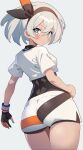  1girl ass bea_(pokemon) bodysuit bodysuit_under_clothes commentary crop_top dynamax_band from_behind gloves grey_background grey_eyes grey_hair hairband pokemon pokemon_(game) pokemon_swsh pon_tanuki_(ga7fsrge9jxblaw) shorts single_glove 