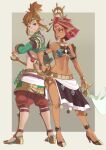  1boy 1girl bare_shoulders blonde_hair blue_eyes brown_background dark-skinned_female dark_skin desert_voe_set_(zelda) earrings flat_chest from_side gerudo green_eyes green_sleeves grin high_heels highres holding holding_sword holding_weapon ivy_(sena0119) jewelry link looking_at_another navel pants pointy_ears red_hair red_pants riju shoes short_hair shoulder_plates smile stomach sword teeth the_legend_of_zelda the_legend_of_zelda:_tears_of_the_kingdom weapon white_background 