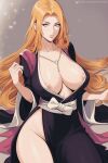  1girl areola_slip black_kimono bleach breasts grey_eyes highres japanese_clothes jewelry kimono large_breasts long_hair looking_at_viewer matsumoto_rangiku mole mole_under_mouth mostlybluewyatt necklace orange_hair pink_shawl shawl solo 