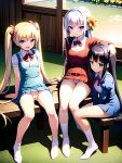  3girls ai-generated black_hair blonde_hair blue_eyes breasts dress highres multiple_girls no_panties original panties pantyhose pussy small_breasts tight tight_dress twintails underwear white_hair 
