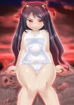  1girl bare_arms bare_shoulders black_hair blush breasts closed_mouth collarbone frown highres horns long_hair medium_breasts navel nippaku_zanmu one-piece_swimsuit oni oni_horns red_eyes red_sky rock shiny_skin sitting sitting_on_rock skull sky solo swimsuit thick_thighs thighs tight_clothes touhou v-shaped_eyebrows wavy_mouth white_swimsuit winn yellow_horns 