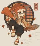  1boy autumn_leaves black_hakama brown_eyes brown_hair brown_headwear commentary_request gun hakama haori hat highres holding holding_gun holding_weapon inkling inkling_boy invisible_chair japanese_clothes p0m4_p0m4 rice_hat sandals short_hair simple_background sitting solo splatoon_(series) splattershot_jr_(splatoon) weapon white_background zouri 
