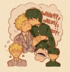  2boys black_hair blazer blonde_hair blush closed_eyes closed_mouth commentary english_commentary english_text fish gakuran hanazawa_teruki heart holding_hands imagining jacket kageyama_shigeo kiss kissing_cheek long_sleeves looking_to_the_side male_focus mob_psycho_100 mp100days multiple_boys necktie school_uniform short_hair simple_background thought_bubble upper_body yaoi 