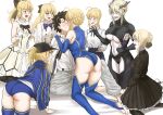  ahoge artoria_pendragon_(fate) artoria_pendragon_(lancer)_(fate) artoria_pendragon_(lancer_alter)_(fate) black_ribbon blonde_hair blush fate/grand_order fate_(series) fujimaru_ritsuka_(male) green_eyes harem hat highres kiru_(bsesso) kiss leotard multiple_girls mysterious_heroine_x_(fate) ribbon saber scarf yellow_eyes 