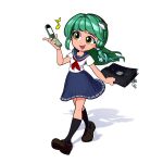  1girl 3d absurdres alternate_costume bag black_socks blue_skirt cellphone contemporary english_commentary flip_phone frog_hair_ornament green_eyes green_hair hair_ornament highres holding holding_bag holding_phone kochiya_sanae long_hair musical_note open_mouth phone pleated_skirt sailor_collar school_bag school_uniform serafuku shadow shirt skirt smile snake_hair_ornament socks solo takki_thammawan touhou walking white_shirt 