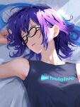  1girl a-chan_(hololive) absurdres black-framed_eyewear black_shirt closed_eyes cohi27151463 commentary_request glasses highres hololive logo messy_hair parted_lips purple_hair shirt short_hair short_sleeves sleeping solo virtual_youtuber 