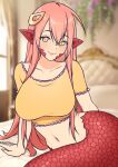  1girl aquamei artist_name collarbone crop_top english_commentary hair_between_eyes hair_ornament highres indoors lamia lipstick long_hair makeup miia_(monster_musume) monster_girl monster_musume_no_iru_nichijou nail_polish navel on_bed paid_reward_available pink_hair pointy_ears red_scales scales slit_pupils smile solo very_long_hair yellow_crop_top yellow_eyes 
