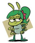  2020 4_arms 4_hands antennae_(anatomy) best_bugs_forever digital_media_(artwork) english_description female frimpys green_antennae green_arms green_body green_feet green_hair green_hands green_skin hair hands_on_hips hi_res mouth_closed multi_arm multi_hand multi_limb pebbledash_stinkwell ponytail shadow signature simple_background solo standing stink_bug unimpressed white_background 