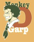  1boy ameng0125 black_eyes black_hair character_name chinese_commentary clenched_teeth close-up commentary_request male_focus monkey_d._garp one_piece orange_background profile scar scar_on_face short_hair smile solo teeth 