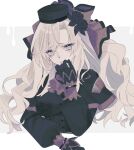  1girl @_@ ascot black_capelet black_flower black_gloves black_headwear black_rose border capelet crying crying_with_eyes_open fate/grand_order fate_(series) flower gloves grey_ascot grey_background grey_eyes hair_flower hair_ornament hand_on_own_chin kriemhild_(fate) kriemhild_(first_ascension)_(fate) long_hair long_sleeves looking_at_viewer mole mole_under_eye multiple_moles outside_border rose sideways_glance simple_background sleeves_past_wrists solo tears tears_from_one_eye upper_body uxco0 veil white_border white_hair 