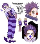  1boy absurdres alternate_costume bell bell_earrings boku_no_hero_academia character_name closed_mouth clown clown_nose commentary earrings english_commentary english_text facepaint fingerless_gloves fishnets full_body gloves habkart hands_in_pockets highres jewelry looking_at_viewer male_focus multiple_views neck_ruff pants purple_footwear purple_gloves purple_hair purple_pants shinsou_hitoshi shoes short_hair simple_background standing striped striped_pants suspenders white_background 