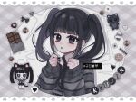  1girl :o animal_ears animification black_eyes black_hair black_necktie candy cat_ears cat_girl cat_tail character_name chibi chibi_inset chocolate cookie emoji food furrification furry furry_female grey_sweater hair_behind_ear heart heart-shaped_chocolate highres holding holding_hair k-pop kyujin_(nmixx) long_hair looking_at_viewer necktie nmixx o_bianyi_didi_shu_o open_mouth real_life sleeves_past_wrists solo speech_bubble spoken_heart sweater tail twintails 