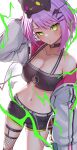  1girl bibi_(tokoyami_towa) black_choker black_shorts breasts choker cleavage commentary_request green_eyes hair_ornament hairclip highres hololive jacket looking_at_viewer medium_breasts o-ring o-ring_choker open_clothes open_jacket purple_hair short_hair shorts simple_background standing tokoyami_towa virtual_youtuber white_background white_jacket z.m._(school913102) 
