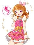  1girl :d aikatsu! aikatsu!_(series) bead_necklace beads blush bow commentary_request cowboy_shot dress frilled_dress frills gloves hand_up highres idol_clothes jewelry long_hair looking_at_viewer mijumaruko necklace oozora_akari open_mouth orange_hair pink_bow pink_dress pink_eyes puffy_short_sleeves puffy_sleeves short_sleeves smile solo sparkle speech_bubble standing white_background white_gloves 