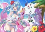  4girls ahase_hino akashic_chronicle beach bikini character_request clothing_cutout day food fruit gauntlets halterneck highres holding holding_innertube inflatable_flamingo innertube light_rays multiple_girls navel_cutout ocean one-piece_swimsuit outdoors palm_tree sand sarong see-through_sarong sky suikawari sunlight swimsuit thigh_strap tree watermelon 