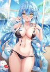  1girl ahoge bare_shoulders bikini black_bikini blue_hair blush braid breasts cleavage colored_tips commentary_request crossed_bangs daifuku_(yukihana_lamy) elf fang front-tie_bikini_top front-tie_top hair_between_eyes hair_ornament heart heart_ahoge highres hololive large_breasts long_hair looking_at_viewer multicolored_hair navel open_mouth pointy_ears retsuto side-tie_bikini_bottom solo streaked_hair swimsuit thighs untied_bikini very_long_hair virtual_youtuber yellow_eyes yukihana_lamy yukimin_(yukihana_lamy) 