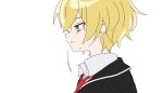  1boy black_jacket blonde_hair collared_shirt commentary jacket limbus_company male_focus name_(oiuio) necktie profile project_moon shirt short_hair simple_background sinclair_(limbus_company) tearing_up tears white_background white_shirt yellow_eyes 