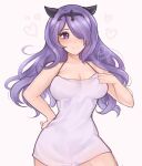  1girl alternate_costume artist_name breasts camilla_(fire_emblem) english_commentary fake_horns fire_emblem fire_emblem_fates hair_over_one_eye hand_on_own_hip heart highres horns large_breasts long_hair loungewear purple_eyes purple_hair purrlucii simple_background smile solo tiara wavy_hair white_background 