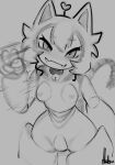  2023 android anthro breasts domestic_cat felid feline felis female gesture greyscale hatsumiilkshake heart_nipples hi_res machine mammal monochrome nipples open_mouth open_smile robot smile solo v_sign 