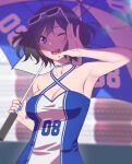  1girl akagi-san_who_always_smells_good akagi_naoka andrian_januar_adilia armpits black_hair blue_eyes blue_nails blue_shirt breasts cleavage collarbone english_commentary eyewear_on_head highres holding holding_umbrella large_breasts looking_at_viewer number_print one_eye_closed open_mouth shade shirt short_hair solo teeth umbrella upper_body upper_teeth_only white-framed_eyewear 