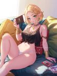  1girl alternate_costume armlet bare_shoulders black_shirt blush bracelet braid breasts cleavage closed_mouth couch crop_top earrings green_eyes handheld_game_console holding holding_handheld_game_console jewelry knee_up large_breasts mitsu_(mitsu_art) navel necklace nintendo_switch panties pointy_ears princess_zelda ring shirt short_hair sitting smile solo stomach tattoo the_legend_of_zelda the_legend_of_zelda:_tears_of_the_kingdom thighs tied_shirt underwear white_panties wristlet 