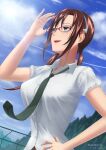  1girl :d absurdres artist_name blue_eyes breasts brown_hair commentary_request evangelion:_2.0_you_can_(not)_advance gate glasses hairband hand_on_own_hip highres interface_headset long_hair looking_up makinami_mari_illustrious necktie neon_genesis_evangelion outdoors rebuild_of_evangelion red-framed_eyewear ruzuki school_uniform smile solo teeth tree twintails upper_teeth_only 