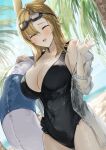  1boy 1girl absurdres animal_ears arknights beach black_one-piece_swimsuit blonde_hair blue_sky blush braid breasts character_request cleavage closed_eyes covered_navel cowboy_shot day goggles goggles_on_head highres holding holding_innertube innertube jacket kajuu kroos_(arknights) large_breasts long_hair ocean one-piece_swimsuit open_clothes open_jacket open_mouth outdoors palm_tree rabbit_ears rabbit_girl sand sky solo_focus standing swim_goggles swimsuit swimsuit_under_clothes tree water waving wet white_jacket 