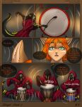  anthro black_hair blindfold clothed clothing comic dialogue drum eliana-asato english_text felid feline female ginger_(iginger) green_eyes group hair hi_res hood inner_ear_fluff lizard long_hair male mammal musical_instrument orange_hair percussion_instrument red_clothing reptile scalie tail text tuft 