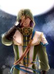  1boy black_gloves brown_hair chinese_clothes facial_hair fingerless_gloves full_moon gloves green_shirt highres hood hood_over_one_eye hood_up long_sleeves male_focus moon night one_eye_covered parted_lips ryugun sangoku_musou_1 sash shirt short_hair solo upper_body xu_shu yellow_eyes 