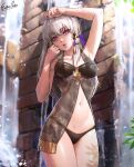  1girl alternate_costume arm_up armpits bikini black_bikini breasts chemise commentary cowboy_shot esther_shen fire_emblem fire_emblem:_three_houses hand_up long_hair looking_at_viewer lysithea_von_ordelia medium_breasts navel parted_lips purple_eyes solo standing stomach swimsuit thighs white_hair 