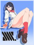  1girl arm_support ass black_hair blue_background blue_eyes bow brown_footwear copyright_name from_below gradient_background gridman_universe highres knees_up loafers long_hair looking_at_viewer noyama_takenoko orange_scrunchie red_bow red_socks school_uniform scrunchie shiny_skin shoes smile socks solo ssss.gridman takarada_rikka thick_thighs thighs white_blank_card wrist_scrunchie 