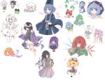  6+girls 6+others alternate_hairstyle animal_ears antennae barefoot black_eyes black_hair black_hairband black_headwear black_shirt black_skirt black_vest blonde_hair blue_eyes blue_hair blue_headwear blue_ribbon blue_skirt book book_of_star_mythology bow bowtie breasts brown_capelet butterfly_wings capelet cat_ears cat_tail chibi chinese_commentary chinese_text clause closed_mouth coat coin collared_shirt commentary_request cosplay detached_sleeves dice_hair_ornament dress eternity_larva expressionless fairy frog_hair_ornament fuma_mishandra green_eyes green_hair green_jacket green_shirt green_skirt grey_eyes grey_vest hair_ornament hair_ribbon hairband haniwa_(statue) haru_(len&#039;en) hat helmet heterochromia highres holding holding_book holding_stuffed_toy houjuu_nue infinite_blade_pavilion jacket japanese_clothes jian_xing_zao kashiwagi_kaoru katano_sukune kemonomimi_mode kigurumi kitsugai_sese kochiya_sanae kuzu_suzumi len&#039;en long_hair long_sleeves medium_hair moritake_medias multiple_girls multiple_others one_eye_closed open_clothes open_coat open_mouth orange_eyes orange_hair original pink_dress pink_eyes pink_hair purple_coat purple_eyes purple_hair purple_scarf red_bow red_bowtie red_eyes red_hair red_ribbon ribbon ribbon-trimmed_shorts ribbon_trim scarf shion_(len&#039;en) shirt shitodo_aoji shitodo_hooaka shitodo_hoojiro shitodo_kuroji short_hair short_sleeves shorts simple_background sitting sketch skirt sleeveless sleeveless_shirt small_breasts smile stuffed_animal stuffed_fish stuffed_toy tail taira_no_fumikado tate_eboshi togura_magura touhou translation_request triangular_headpiece v vest white_background white_hair white_shirt white_shorts white_sleeves wings wrist_cuffs xeno_a yasogami_shuu yellow_eyes zuifeng_tenkai 