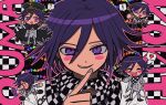  ! 1boy ? black_cape black_footwear black_headwear blush cape character_name checkered_clothes checkered_scarf chibi danganronpa_(series) danganronpa_v3:_killing_harmony finger_to_mouth grin hair_between_eyes happy heart highres kinu_(konoyoha_mtgi) looking_at_another looking_at_viewer male_focus oma_kokichi open_mouth outline pants pixel_heart purple_eyes purple_hair scarf short_hair shushing smile soda_bottle solo speech_bubble spoken_heart squiggle straitjacket torn_cape torn_clothes white_outline white_pants 