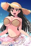  1girl absurdres aoi_kujira bikini black_hair brown_eyes girls_und_panzer hat highres long_hair looking_at_viewer nishi_kinuyo o-ring o-ring_bikini open_mouth smile solo straw_hat swimsuit water water_drop 