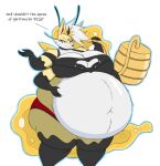  2023 antennae_(anatomy) anthro arthropod bee belly big_belly big_breasts breasts canid canid_demon canine demon dialogue digital_drawing_(artwork) digital_media_(artwork) female fox fur hair hellhound helluva_boss hi_res hybrid hymenopteran insect mammal mizz-britt multi_arm multi_limb multicolored_body multicolored_fur obese obese_anthro obese_female overweight overweight_anthro overweight_female queen_bee-lzebub_(helluva_boss) simple_background solo white_background white_body white_fur white_hair yellow_body yellow_fur 