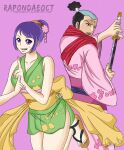  1boy 1girl absurdres aged_up artist_name back-to-back black_hair hair_ornament high_ponytail highres holding holding_sword holding_weapon japanese_clothes katana looking_at_viewer momonosuke_(one_piece) one_piece open_mouth ponytail purple_background purple_eyes purple_hair rapondaeoct sandals short_hair short_ponytail smile sword tama_(one_piece) weapon web_address 