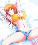  1girl armpits arms_behind_head artist_logo bed bed_sheet bikini breasts cleavage commission covered_nipples denim denim_shorts english_commentary front-tie_bikini_top front-tie_top hair_between_eyes joy_(shenmue) large_breasts long_hair looking_at_viewer lying midriff navel on_back on_bed orange_bikini orange_eyes orange_hair parted_lips polka_dot polka_dot_bikini saotome_nanda shenmue shenmue_ii shenmue_the_animation shorts sidelocks solo spread_legs swimsuit thighs watermark 