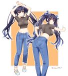  1girl absurdres alternate_costume ass black_hair breasts casual commission denim full_body hair_ornament hand_on_own_hip highres jeans jewelry kow0117 long_hair looking_at_viewer medium_breasts multiple_views navel necklace neptune_(series) noire_(neptune_series) pants pixiv_commission purple_eyes purple_hair red_eyes shoes short_hair smile thumbs_up twintails twitter_username very_long_hair 