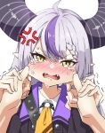 1girl 1other ahoge anger_vein ascot black_jacket blush braid commentary demon_horns fangs grey_hair hair_between_eyes highres hololive horns jacket la+_darknesss la+_darknesss_(1st_costume) long_hair long_sleeves looking_at_viewer multicolored_hair open_mouth pointy_ears pov pov_hands purple_hair shirt shoui simple_background solo_focus straight-on streaked_hair striped_horns tearing_up tears trembling upper_body v-shaped_eyebrows virtual_youtuber white_background white_shirt yellow_ascot yellow_eyes 
