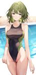  1girl blush breasts cameltoe collarbone competition_swimsuit cowboy_shot green_eyes groin heterochromia idolmaster idolmaster_cinderella_girls koyo_akio large_breasts letterboxed looking_at_viewer mole mole_under_eye one-piece_swimsuit poolside skindentation smile solo swimsuit takagaki_kaede 