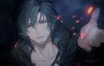  1boy amenohi black_hair black_jacket blue_eyes clive_rosfield collarbone embers facial_hair final_fantasy final_fantasy_xvi hair_between_eyes highres jacket looking_at_viewer male_focus messy_hair outstretched_hand parted_lips scar scar_on_cheek scar_on_face short_hair solo stubble twitter_username upper_body 