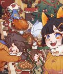  1girl 3boys :d absurdres animal_ears anubis_(mythology) bastet_(mythology) black_hair blue_hair brown_hair cat_ears cat_girl christmas_tree closed_eyes egyptian_mythology fangs feast food green_hair highres horus_(mythology) hua_hua_de_meme jackal_boy jackal_ears long_table multiple_boys original saliva_pool selfie short_hair sleeping smile sobek_(mythology) sweater table turkey_(food) yellow_sweater 