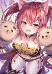 1girl akami770 angry animal_ear_fluff animal_ears blush bow breasts cerberus_(shingeki_no_bahamut) choker cleavage collarbone cowboy_shot dog_ears fang floating from_above gold hair_between_eyes hand_puppet happy highres lantern large_breasts long_hair looking_at_viewer navel open_mouth panties puppet red_bow red_eyes red_hair sad shadowverse shingeki_no_bahamut smile solo spikes string_panties thick_thighs thighhighs thighs tongue twintails underwear very_long_hair 