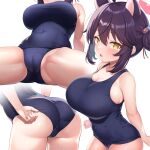  1girl alternate_costume animal_ears bare_arms bare_shoulders black_hair blue_archive blue_one-piece_swimsuit blush breasts commentary_request cowboy_shot extra_ears from_side hair_bun halo highres huge_breasts impossible_clothes impossible_swimsuit kaede_(blue_archive) looking_at_viewer looking_to_the_side multiple_views one-piece_swimsuit open_mouth pink_halo school_swimsuit simple_background single_side_bun smile sonao swimsuit white_background yellow_eyes 