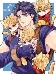  5boys animal_ears blonde_hair blue_eyes blue_hair blue_shirt blush cape cat_boy cat_ears cat_tail chibi closed_mouth commentary_request dio_brando ear_birthmark fangs feathers fingerless_gloves gloves grm_jogio headband holding jacket jojo_no_kimyou_na_bouken jonathan_joestar male_focus multiple_boys multiple_persona muscular muscular_male open_mouth pants phantom_blood purple_scarf scarf shirt short_hair sitting smile stardust_crusaders suspenders tail vampire yellow_jacket yellow_pants 