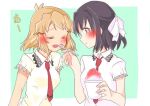  2girls black_hair blonde_hair blush closed_eyes couple food green_eyes hair_ribbon happy kohinata_miku medium_hair multiple_girls ribbon school_uniform senki_zesshou_symphogear shaved_ice smile tachibana_hibiki_(symphogear) uniform user_crmz8743 yuri 