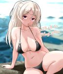  1girl bikini black_bikini breasts brown_eyes cleavage conte_di_cavour_(kancolle) dated feet_out_of_frame furaggu_(frag_0416) highres kantai_collection large_breasts long_hair one-hour_drawing_challenge sitting solo swimsuit twitter_username two_side_up white_hair 