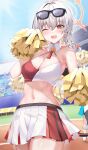  1girl alternate_costume bare_shoulders blue_archive blurry blurry_background blush braid breasts cheerleader cleavage collar commentary_request crop_top day detached_collar eyewear_on_head grey_hair hair_between_eyes halo haruna_(blue_archive) highres holding holding_pom_poms long_hair looking_at_viewer medium_breasts millennium_cheerleader_outfit_(blue_archive) miniskirt navel one_eye_closed open_mouth orange_eyes outdoors pleated_skirt pom_pom_(cheerleading) red_skirt skirt smile stomach sweat towrituka twitter_username two-tone_skirt white_collar white_skirt 